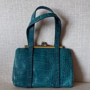 Club Monaco Teal Croc-Embossed Genuine Leather Frame-Top Kiss Lock Mini Handbag